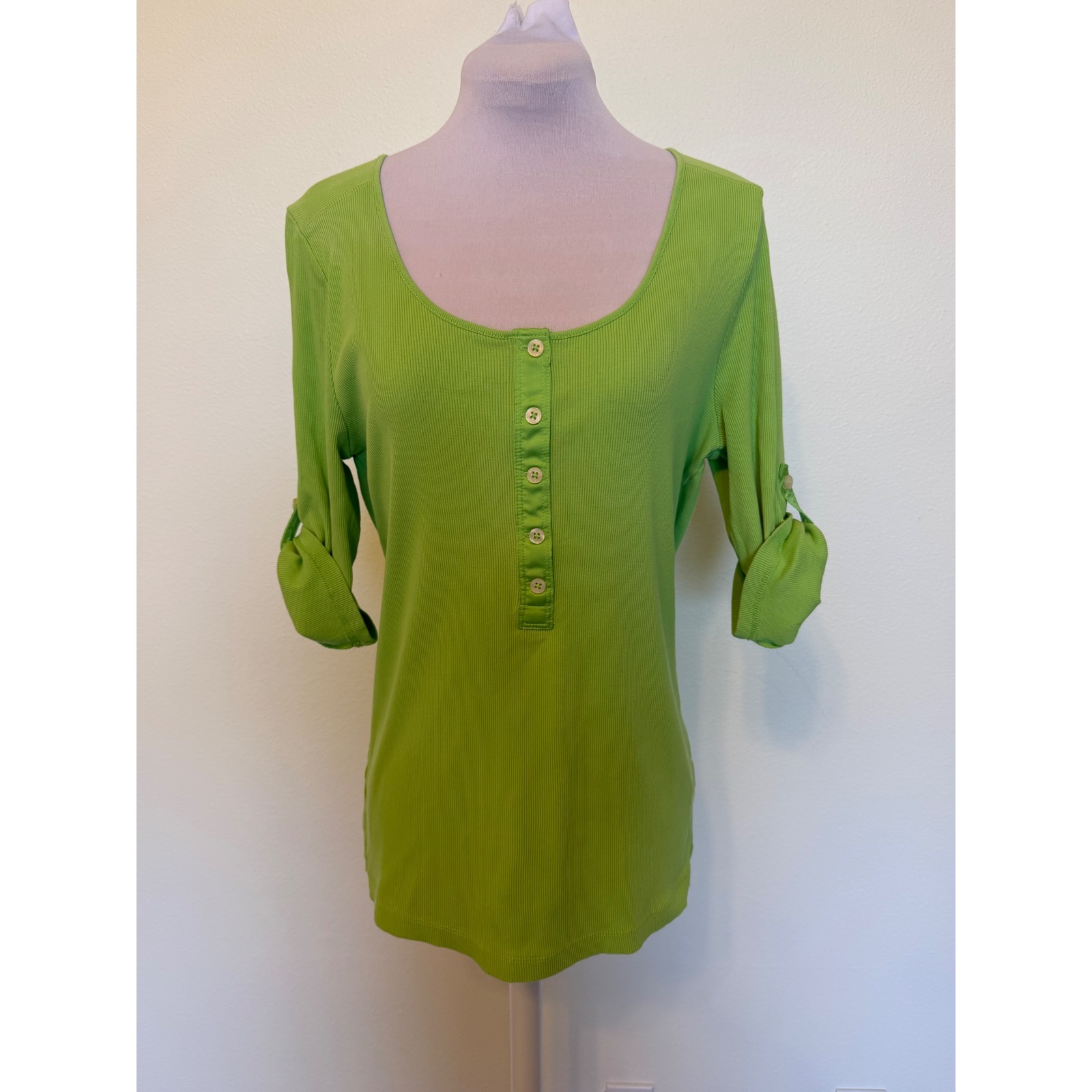 Lauren Ralph Lauren Womens Lime Green Ribbed Henley Roll Tab Sleeve Top Large